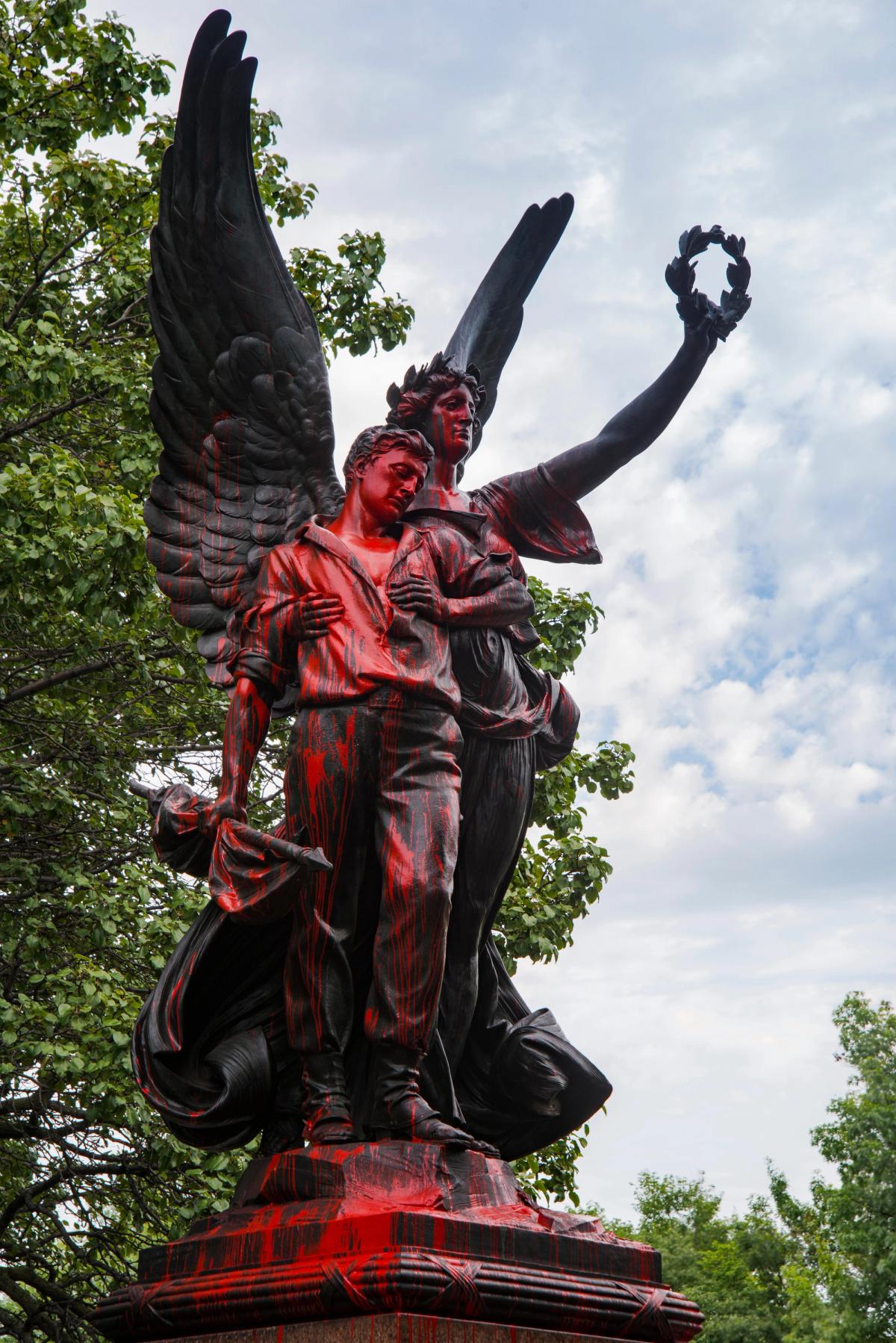 Confederate Soldiers and Sailors Monument, Baltimore, Maryland, splashed with red paint. The monument was removed in 2017 Photo: Picture Architect/Alamy, courtesy the Museum of Contemporary Art, Los Angeles
