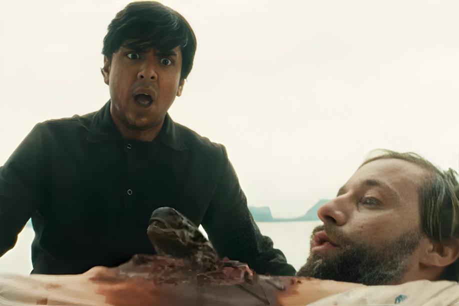 Slightly shocked as a baby Xenomorph bursts out of Arthur’s chest.