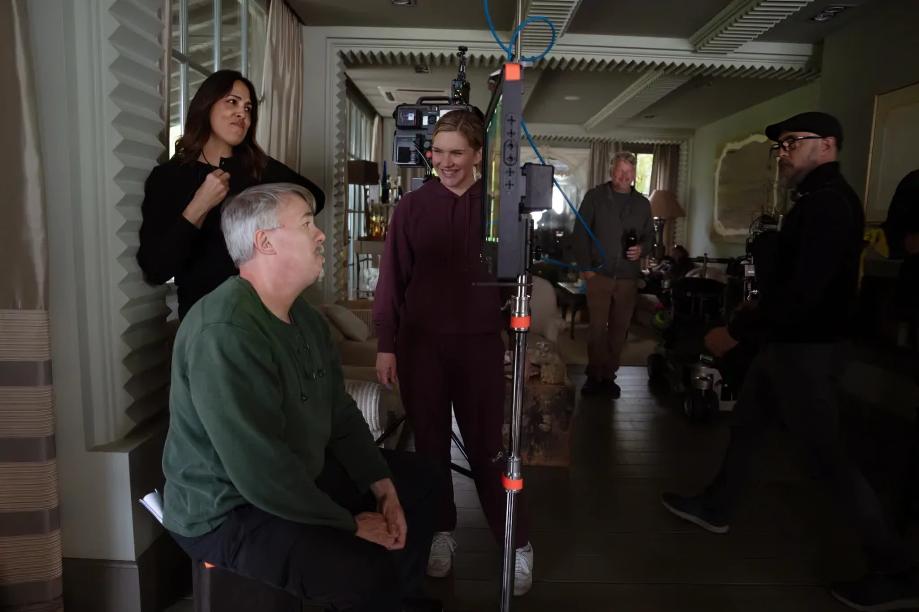 Vince Gilligan and Rhea Seehorn behind the scenes on the set of Pluribus.