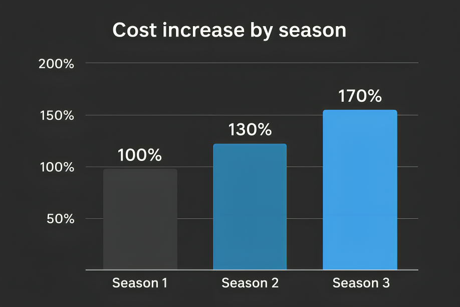 Bar graph showing cost increase by season: Season 1 at 100%, Season 2 at 130%, and Season 3 above 170%.
