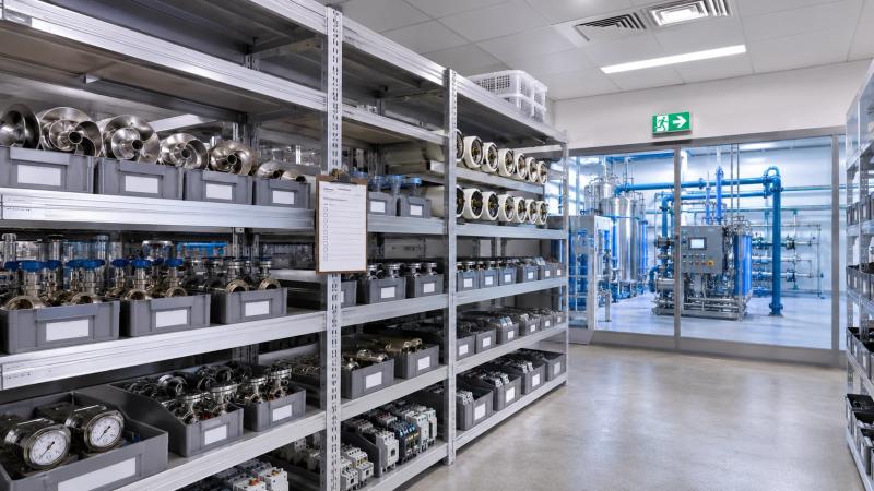 Organised water-treatment plant stockroom with shelved spare parts — valves, pumps, gauges, RO membrane elements — and the process plant visible through a glass partition
