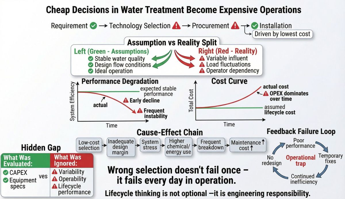 Cheap Decisions in Water Treatment Become Expensive Operations — assumption vs reality, performance degradation, cost curve, cause-effect chain, and the feedback failure loop