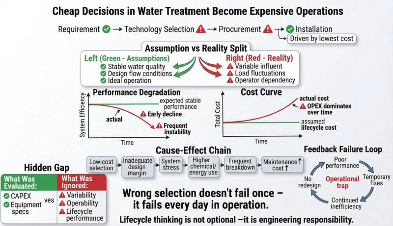 Cheap Decisions in Water Treatment Become Expensive Operations — assumption vs reality, performance degradation, cost curve, cause-effect chain, and the feedback failure loop