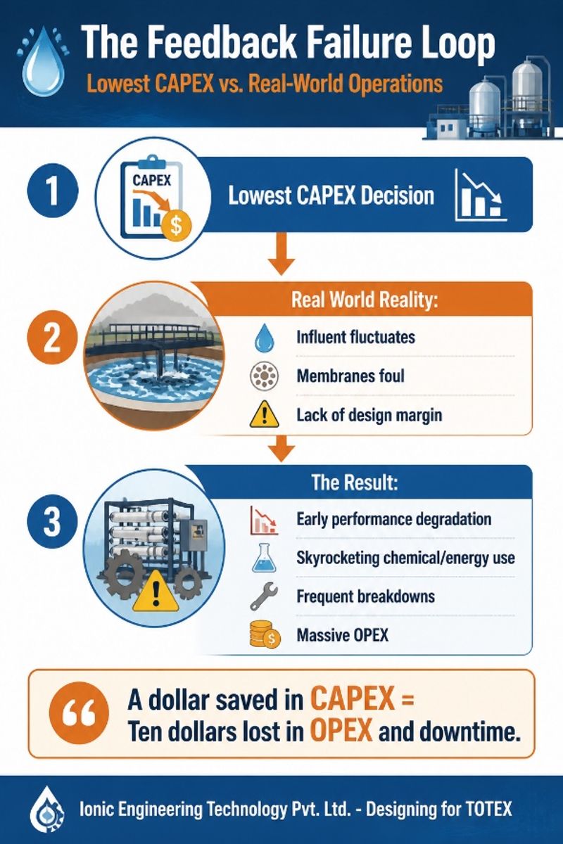 The Feedback Failure Loop — a low-CAPEX water treatment decision leads to real-world reality (variable influent, fouling, lack of design margin) and ultimately massive OPEX