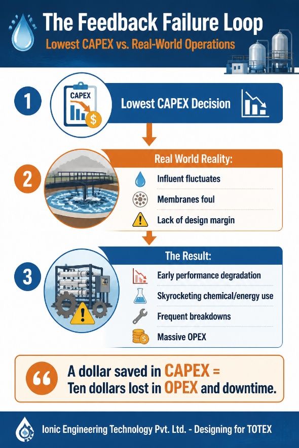 The Feedback Failure Loop — a low-CAPEX water treatment decision leads to real-world reality (variable influent, fouling, lack of design margin) and ultimately massive OPEX