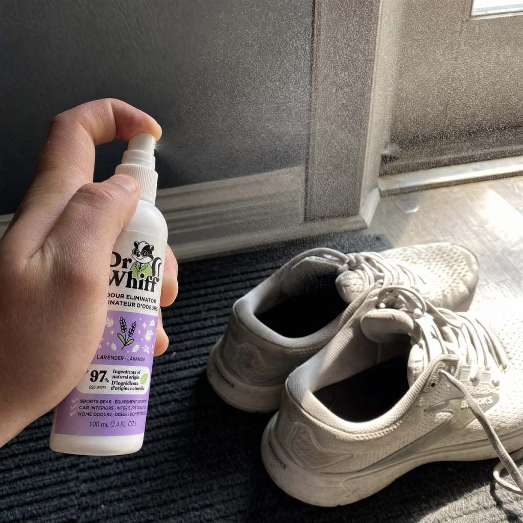Athlete spraying Dr. Whiff in a locker room.