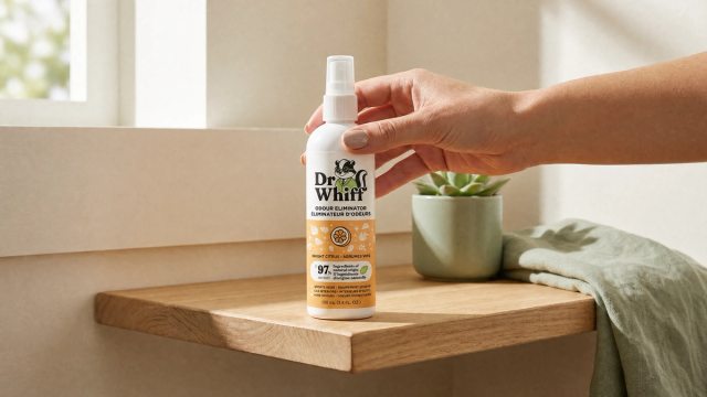 A Dr. Whiff odour eliminator spray bottle on a clean, sunlit shelf