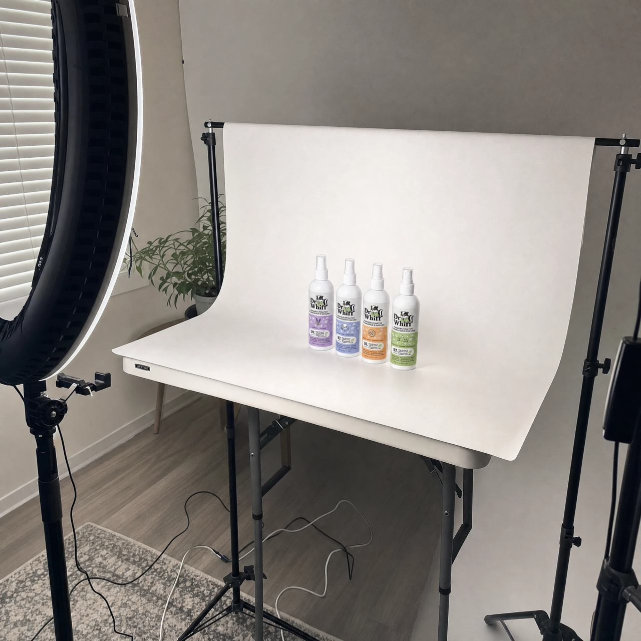 Dr. Whiff wholesale product display and retail-ready odor care bottles