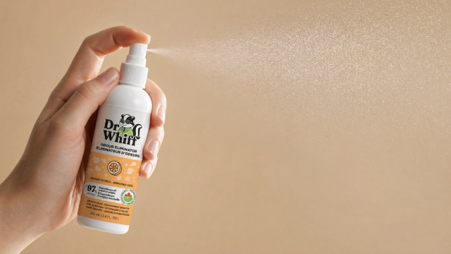 Close-up of a Dr. Whiff spray mist catching the light against a soft neutral background