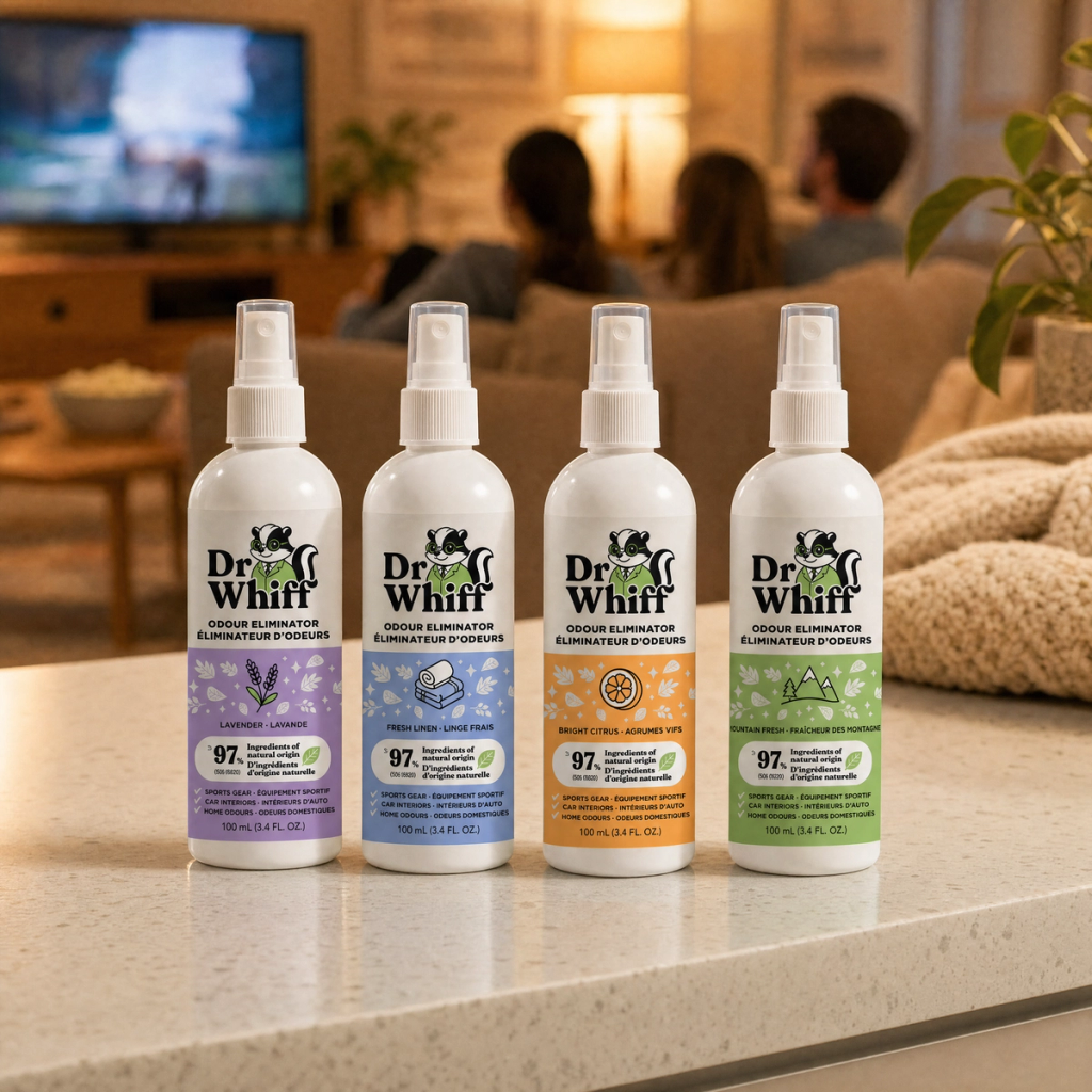 Dr. Whiff spray scents in a bright kitchen.
