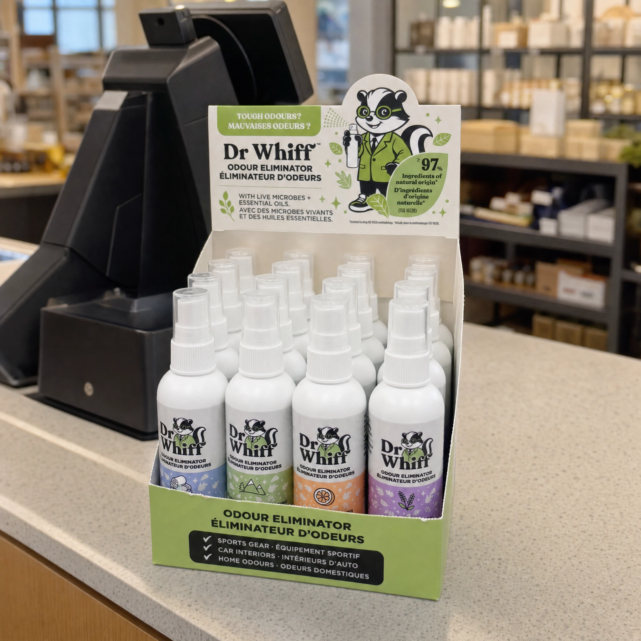 Dr. Whiff wholesale product display and retail-ready odor care bottles