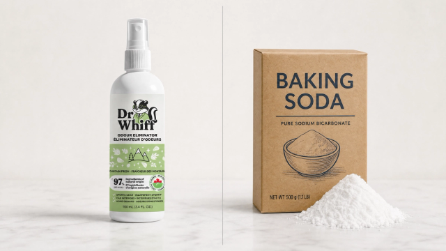 A kitchen counter with baking soda and a Dr. Whiff bottle side by side