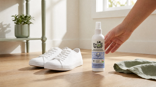A pair of fresh sneakers by a sunlit doorway with a spray bottle nearby