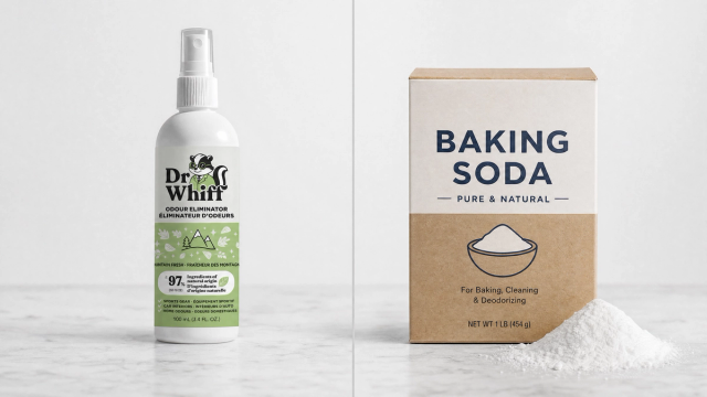 A kitchen counter with baking soda and a Dr. Whiff bottle side by side