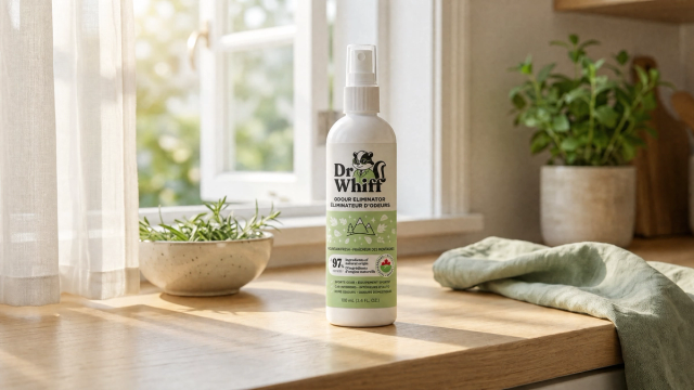 Dr. Whiff odor neutralizer spray on a bright, fresh kitchen counter beside an open window