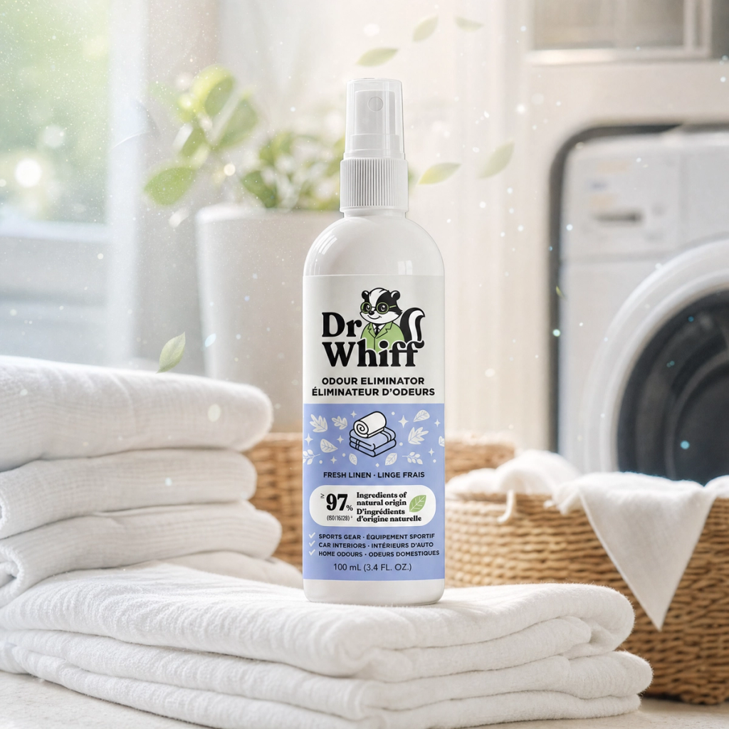 Dr. Whiff spray bottles among lavender and natural elements — powered by nature.