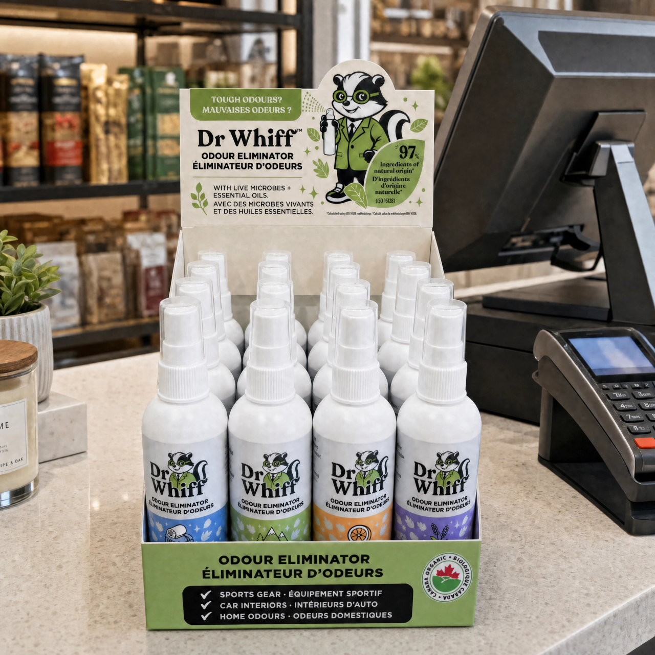 Dr. Whiff wholesale product display and retail-ready odor care bottles