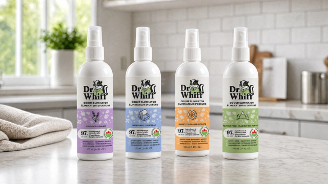 A lineup of naturally derived odor eliminator spray bottles on a bright counter