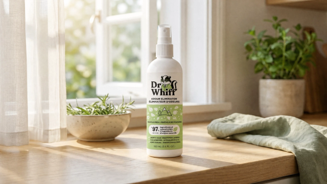 Dr. Whiff odor neutralizer spray on a bright, fresh kitchen counter beside an open window