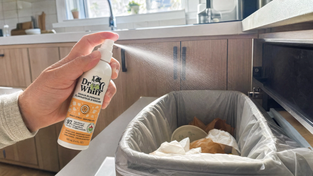 A bright, freshly cleaned living room with a Dr. Whiff bottle on the table