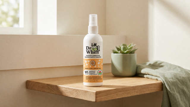 A Dr. Whiff odour eliminator spray bottle on a clean, sunlit shelf