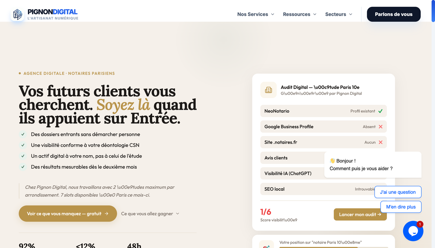 Page Pignon Digital pour notaires : audit de visibilité digitale