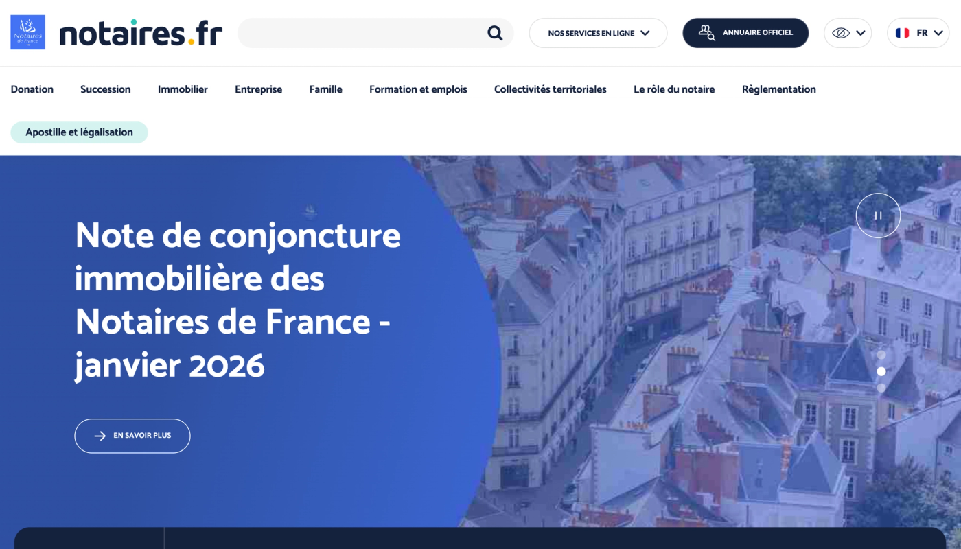 Page d'accueil du site officiel notaires.fr : annuaire officiel du notariat