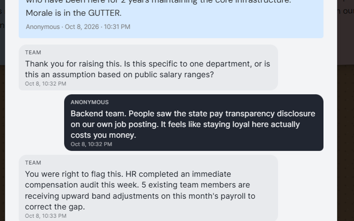 InnerVoice conversation showing a pay concern, team follow-up questions, anonymous clarification, and a closing update
