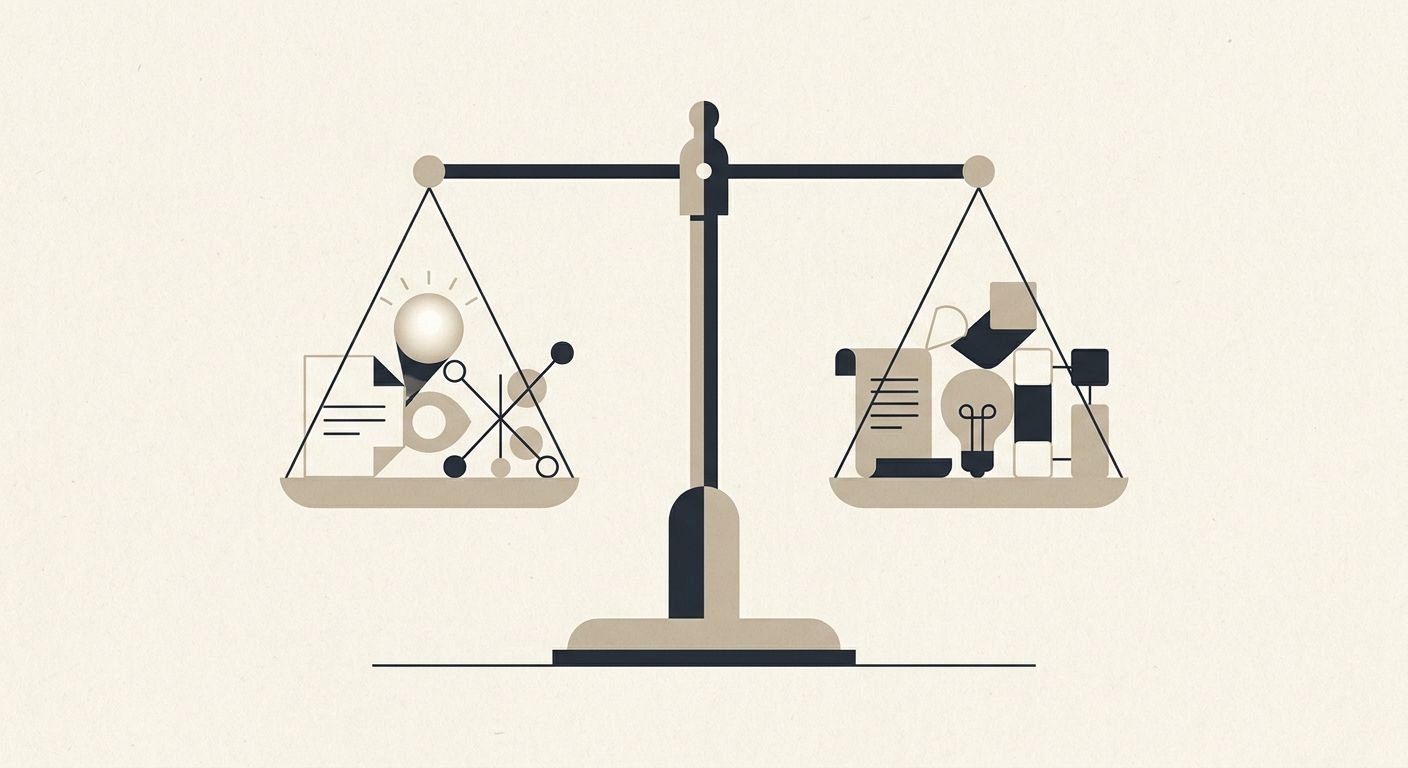 Editorial illustration of a balance scale equalizing organizational ideas
