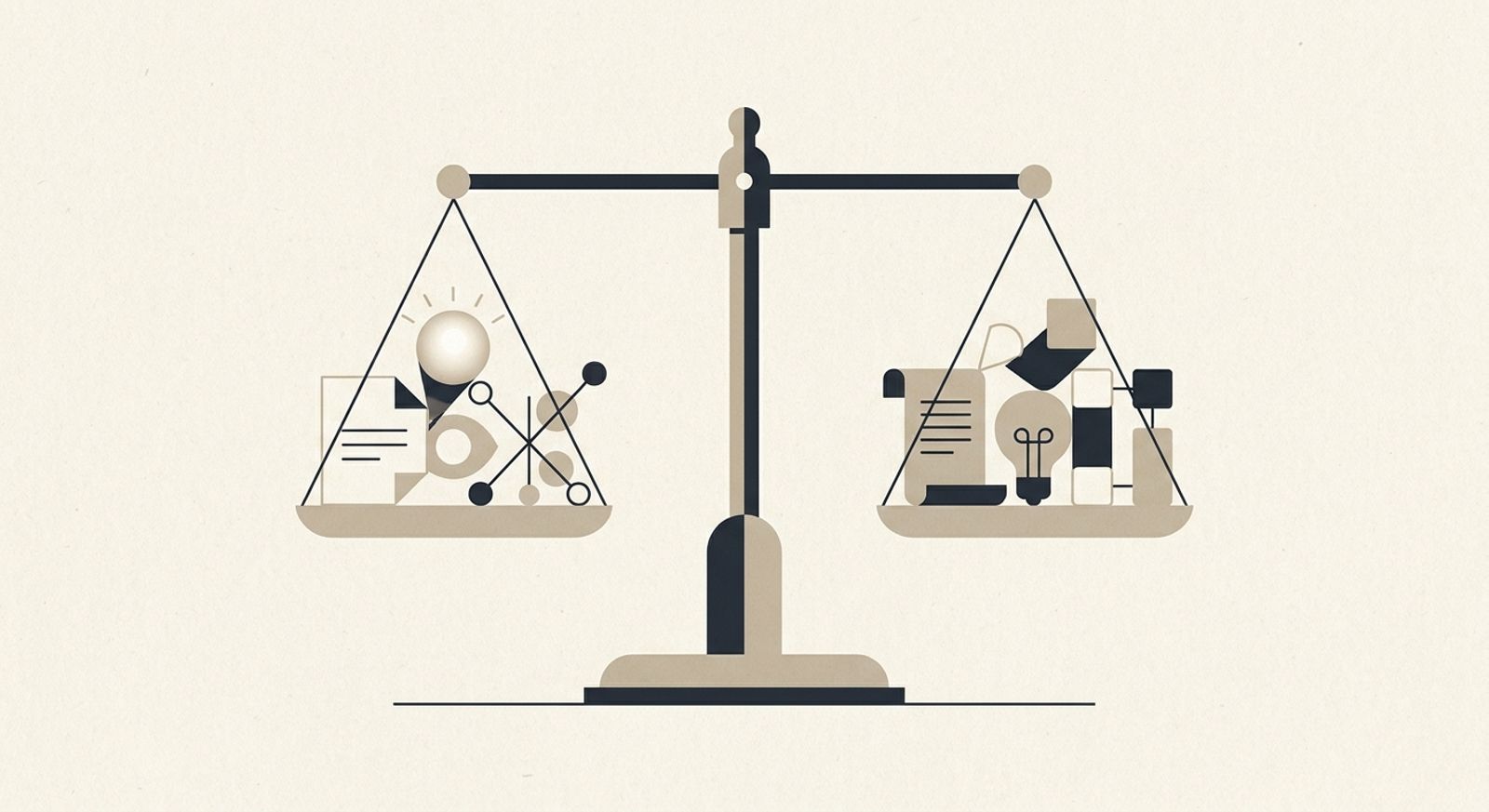 Editorial illustration of a balance scale equalizing organizational ideas