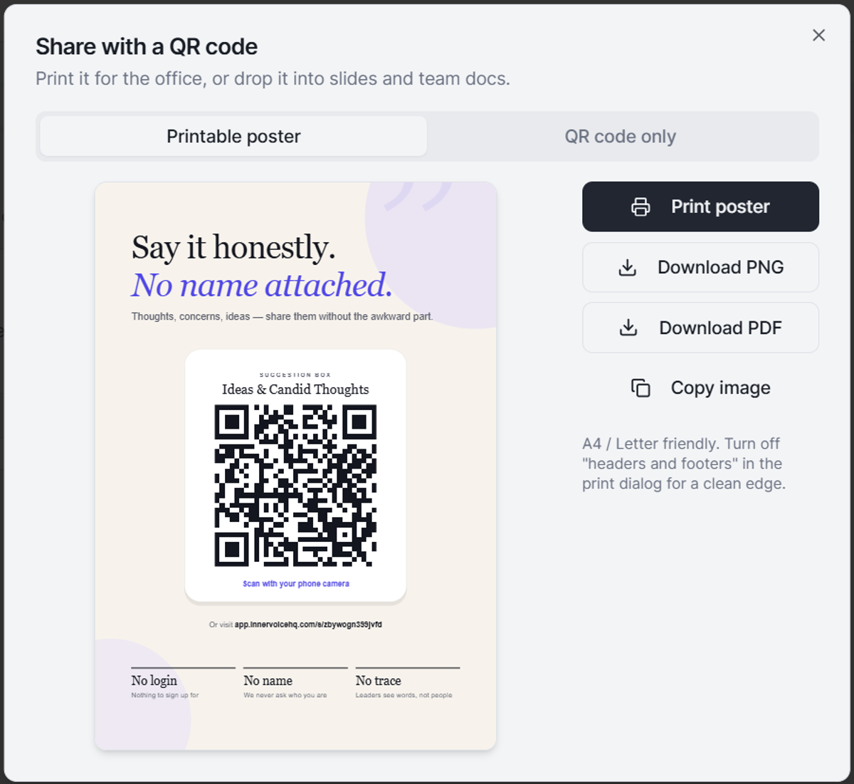 InnerVoice printable poster share options modal