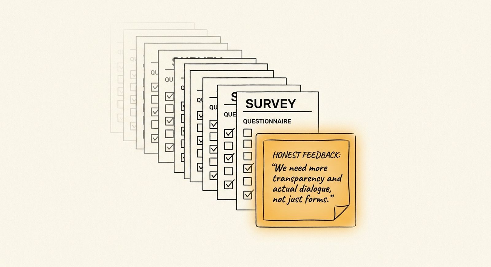 Editorial illustration of paper surveys fading next to an honest digital note