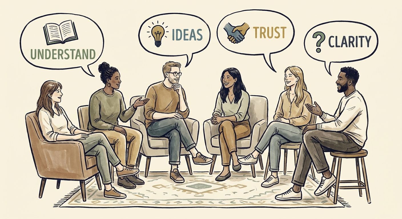 Editorial illustration of a team having an honest conversation
