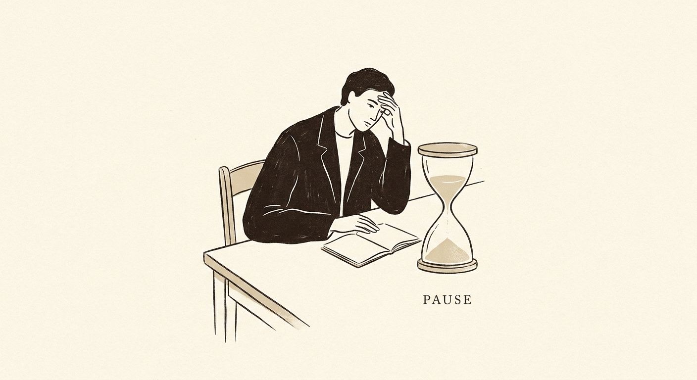Editorial illustration of a manager pausing thoughtfully before responding