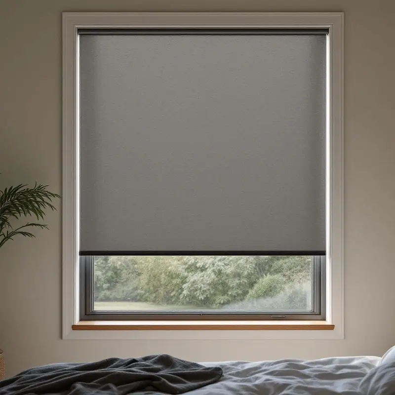 Blockout roller blinds in a darkened bedroom for total privacy.