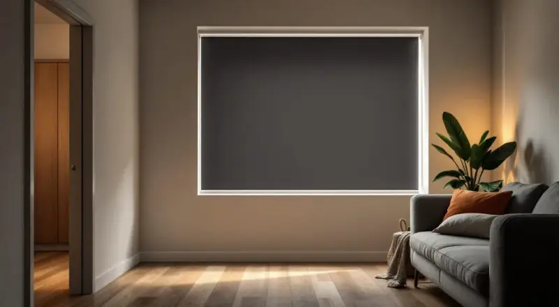 Charcoal blockout roller blind fully covering a living room window, room dark with zero light through the fabric.