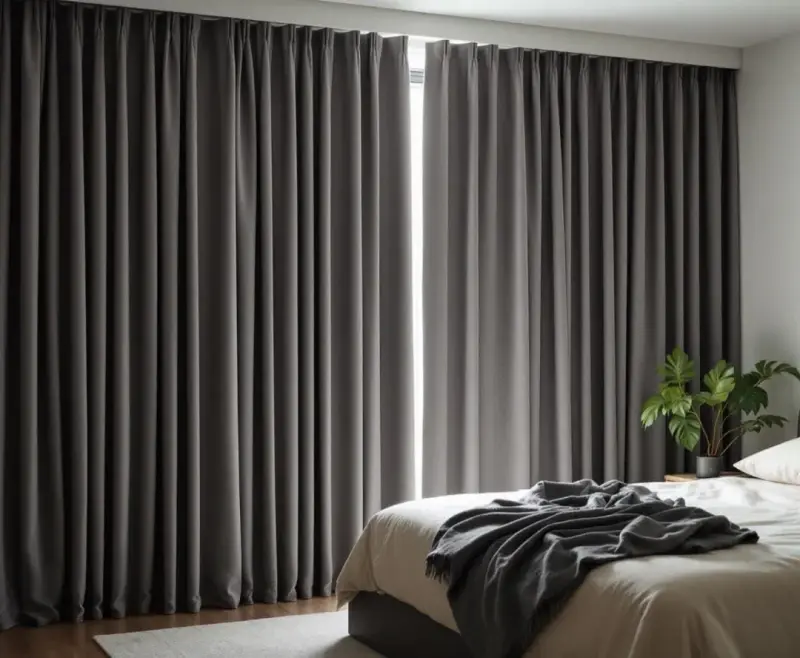 Blockout curtains drawn across a bedroom window for near-total darkness.