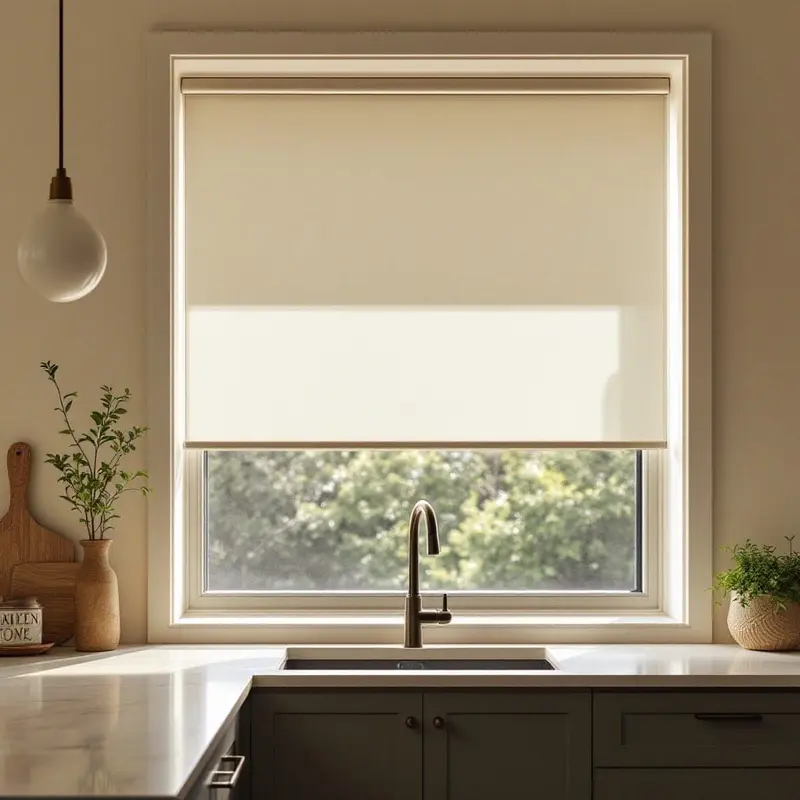 Cordless light-filtering roller blinds in a sunny kitchen.