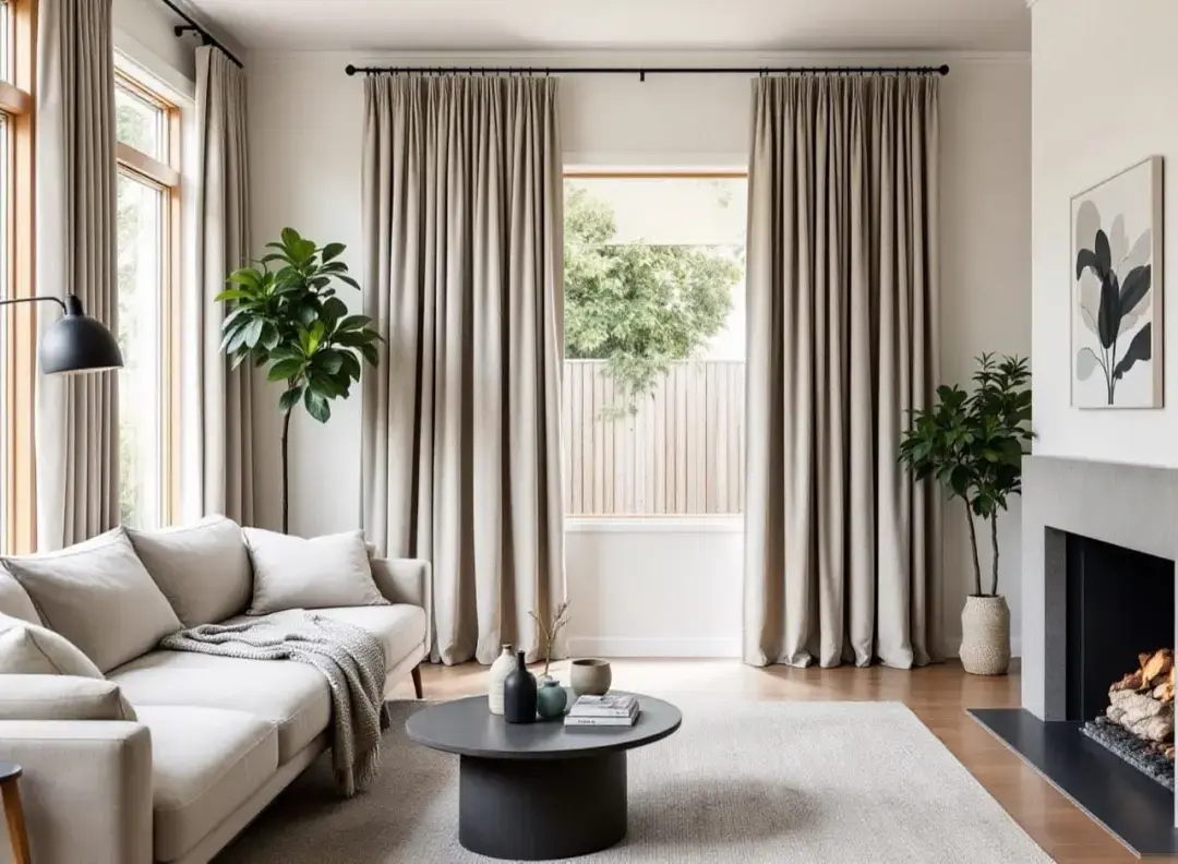 Floor-length custom-made drapes framing a window in a contemporary Auckland home.