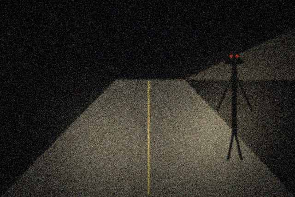 Thin figure at the edge of the headlight beam