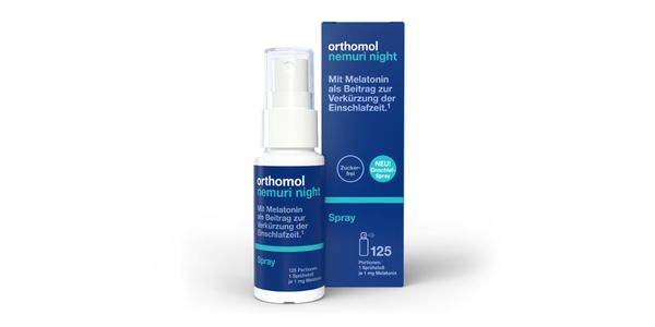Orthomol Nemuri night-Spray mit Verpackung vor weißem Hintergrund