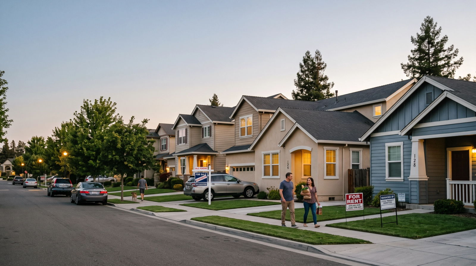 Modern single-family rental neighborhood with a canceled home-sale contract in the background, illustrating how slower home sales may keep more households in the rental market.