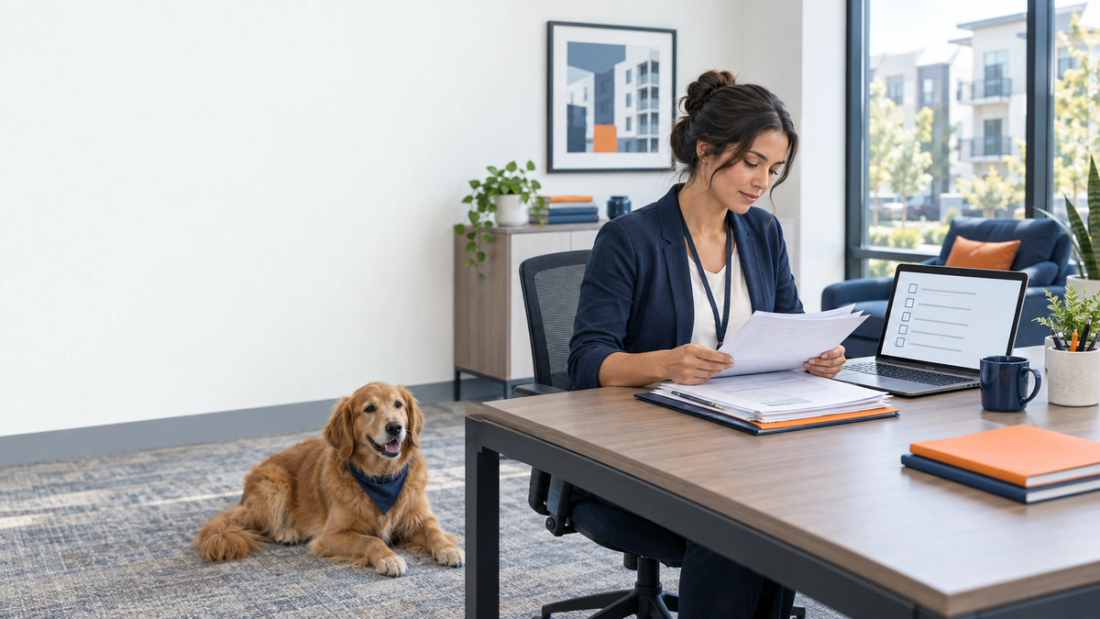A property operations specialist reviews paper documents and a laptop checklist at a leasing office desk while a golden retriever rests on the floor nearby.