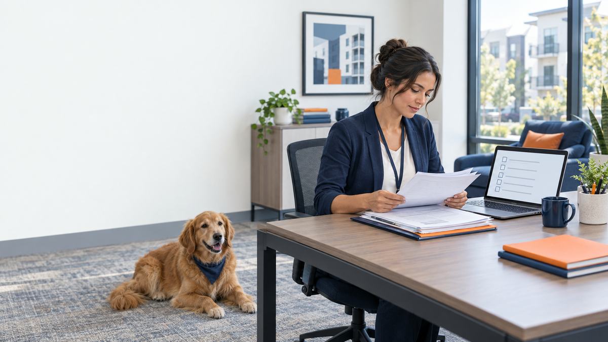 A property operations specialist reviews paper documents and a laptop checklist at a leasing office desk while a golden retriever rests on the floor nearby.
