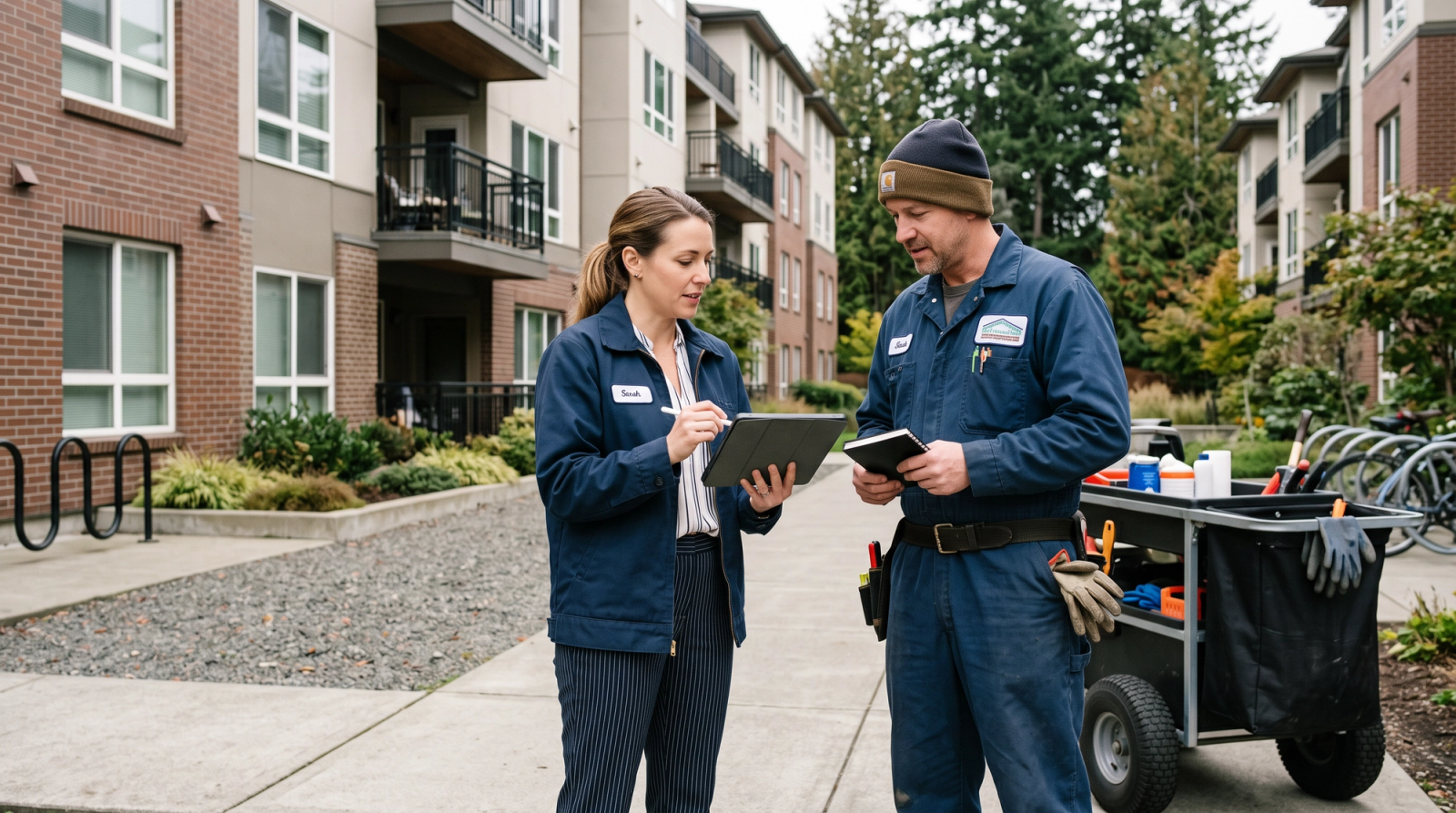 Two property staff members review a tablet beside a maintenance cart in an apartment community courtyard.