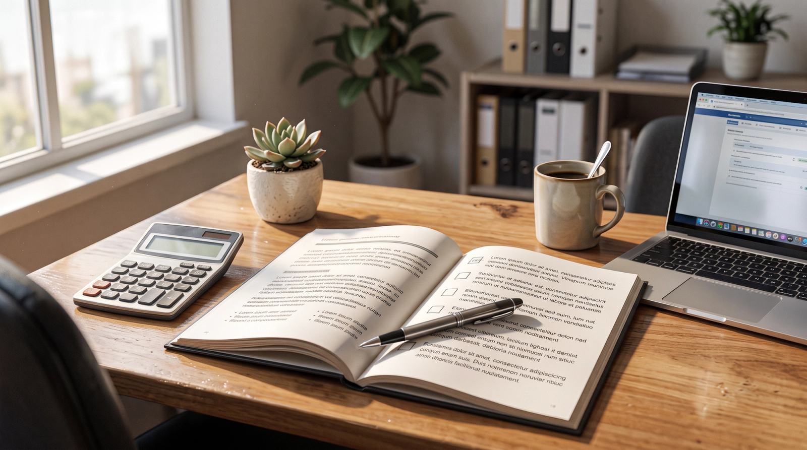 Leasing office desk in warm morning light with an open document of placeholder fee lines, a pen, calculator, potted succulent, coffee mug and laptop showing a listing layout.