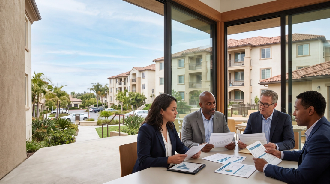 natural HOA board or property-management meeting: a diverse group of adults seated at a table reviewing printed reserve-study pages, a property-maintenance report, and a tablet with simple, non-readable financial charts.