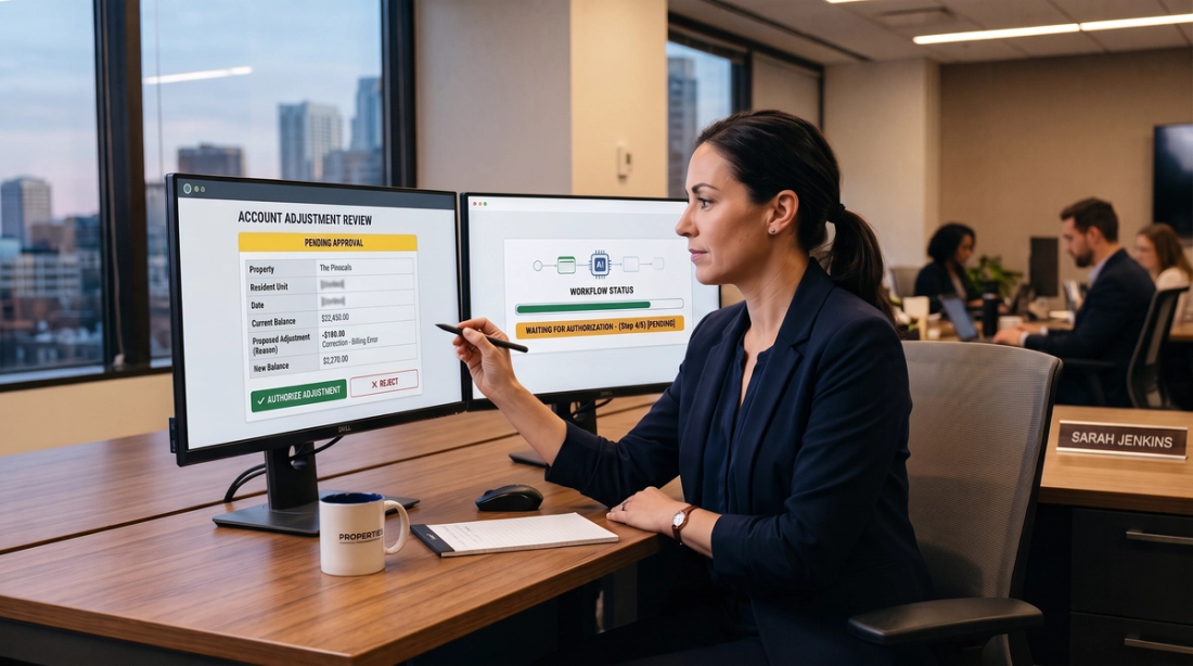 Property manager reviews a proposed account adjustment while an AI workflow waits for authorization.