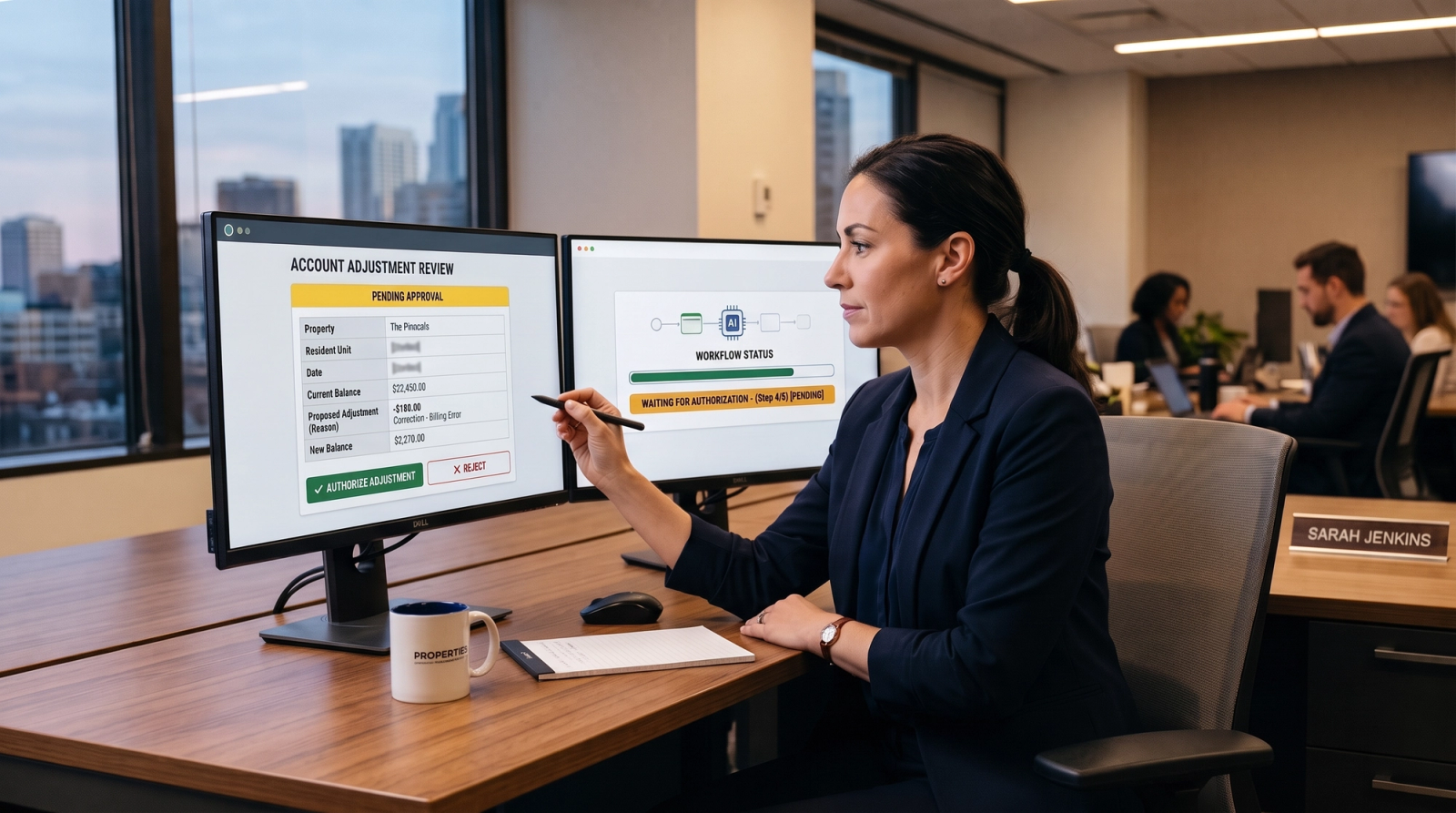 Property manager reviews a proposed account adjustment while an AI workflow waits for authorization.