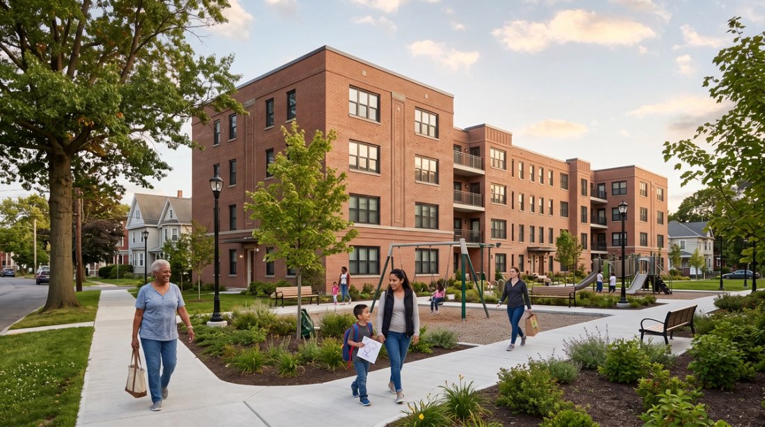 residents walking renovated housing